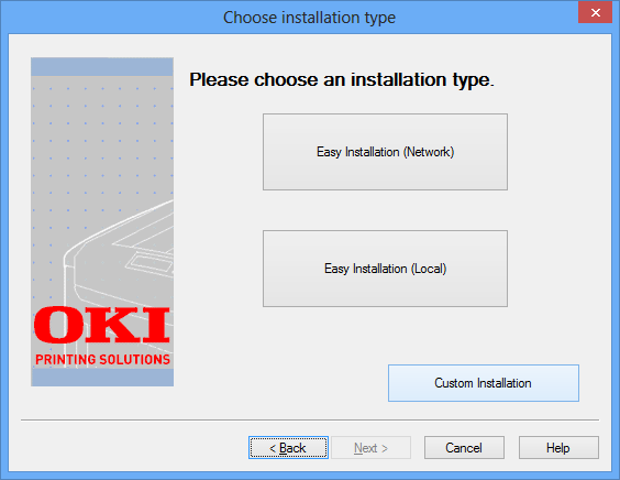 At this point, Windows 8 has already installed and associated the OKI PCL6 Class driver with the OKI MCx61MFP device. The user should insert and install the OKI MCx61MFP software as illustrated below.