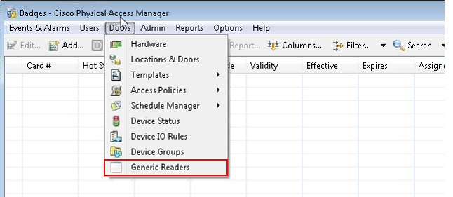 Configuring Generic Readers Chapter 10 Configuring Generic Readers Step 1 From the Doors menu, click Generic Readers. Step 2 The Generic Reader window opens. Click Add.