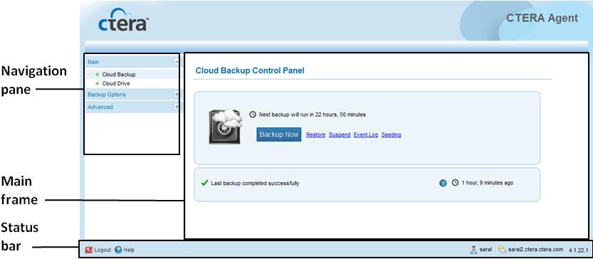 The CTERA Agent Web Interface The CTERA Agent Web interface consists of the following elements: Navigation pane. Used for navigating between pages. Main frame.