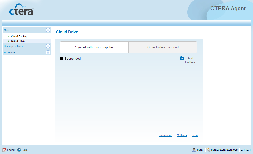 Using the CTERA Agent in Cloud Mode 4 To unsuspend cloud drive synchronization 1 In the navigation pane, click Main > Cloud Drive. The Cloud Drive page appears. 2 Click Unsuspend.