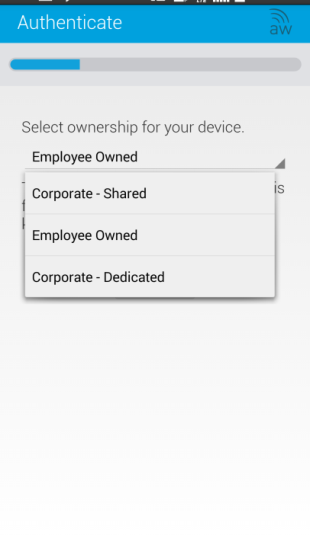 Tap Continue to initiate the login process and complete authentication. 3. Select the Device Ownership setting that is appropriate for your device. A.