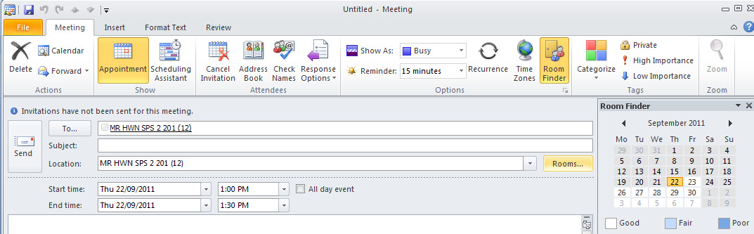 NOTE If you want to schedule meetings based on an alternate time zone, on the Meeting tab, in the Options group, click Time Zones. 5.