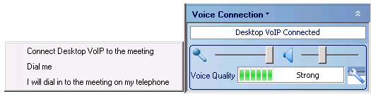 Desktop VoIP Connect to the audio portion of an online meeting via Voice over IP. All you need is an Internet connection and headset with microphone connected to your computer. 1.