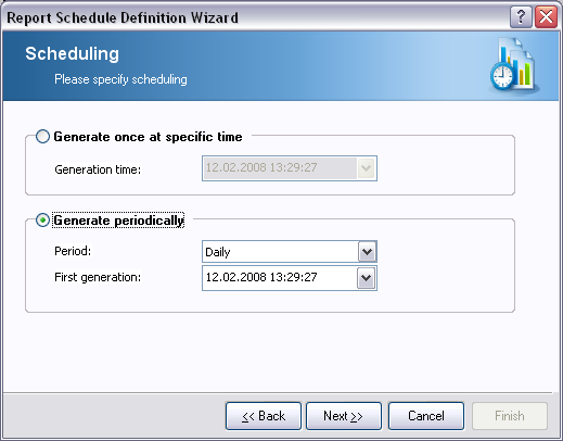 In this dialog, choose whether you want to generate the report only once in the selected time, or to generate the report periodically: Generate once at a specific time - choose the exact time