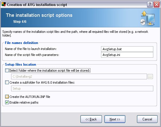 In this step you may specify names of the installation script files, their storage and other options.