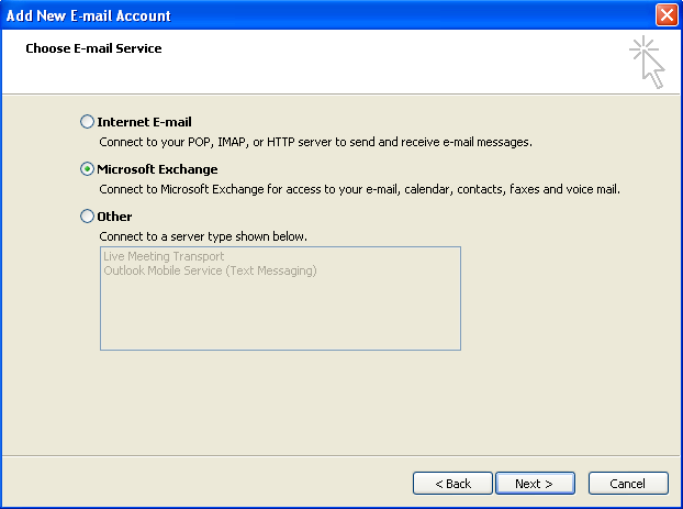 Exchange 2010 Outlook Profile Setup Page 3 of 9 4) Click the checkbox at the bottom of the screen to Manually configure server settings or additional server
