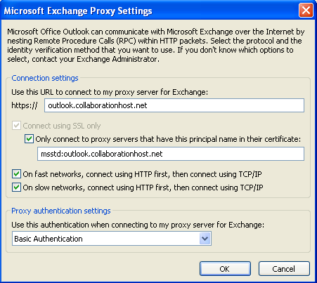 Exchange 2010 Outlook Profile Setup Page 6 of 9 email.hostaccount.com msstd:email.hostaccount.com 13) Enter all of the following settings: Use this URL proxy server for Exchange: email.hostaccount.com Only connect certificate: msstd:email.
