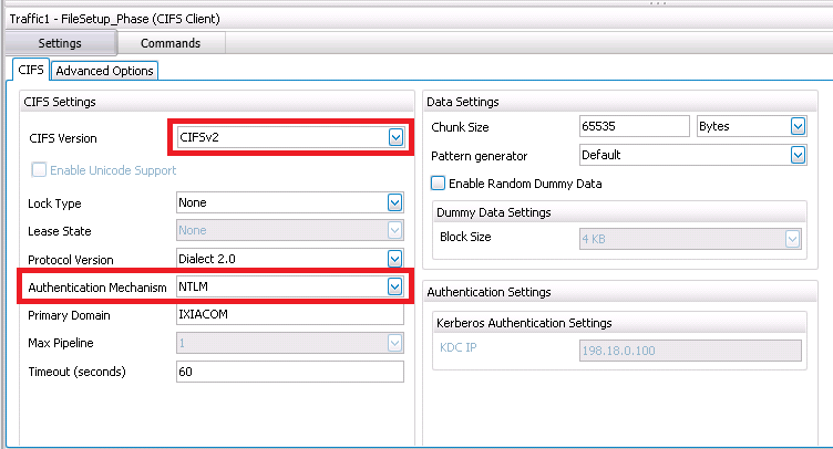 Test Case: Performance Measurement of a NAS Target 4. Click the Settings tab. Change the CIFS version to CIFSv2 and Authentication Mechanism to NTLM. Figure 460. Setting Authentication to NTLM 5.