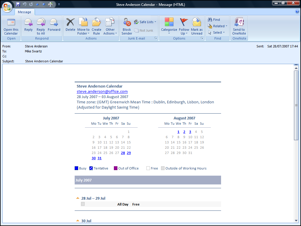 Outlook 2007 - Lvl 1 Lesson 7 - Scheduling with the Calendar Calendar sent via E-mail Recipients of your Calendar Snapshot do not receive the changes that you make to your Calendar unless you send