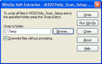 2. Once the installation folder is selected, click Unzip to extract the following files to either an M3027mfp_Scan_Setup folder or an M5025mfp_Scan_Setup folder.