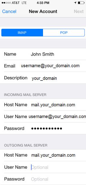 8. Click IMAP and enter the following: Host Name: mail.numail.org (in the image, your_domain.
