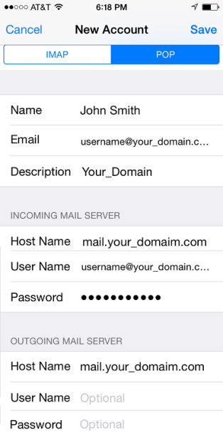 8. Click POP and enter the following: Host Name: mail.numail.org (in the image, your_domain.