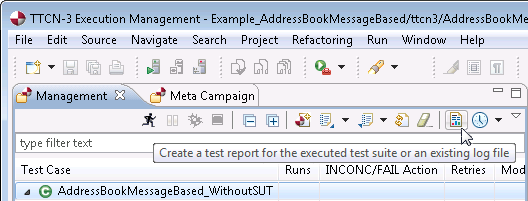 Use the Import button and select Import Test Campaign to load an existing test campaign. You may also load one by double clicking on the file in the Development Perspective (TTCN-3 projects tab).