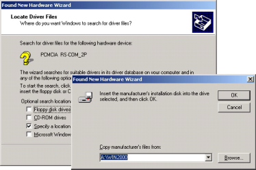 SOFTWARE INSTALLATION FOR WINDOWS 2000 1. Insert the Serial PC Card into the PCMCIA socket, the Found New Hardware Wizard dialog box appears. Click Next. 2. Check the Search for a suitable driver for my device, and click Next.