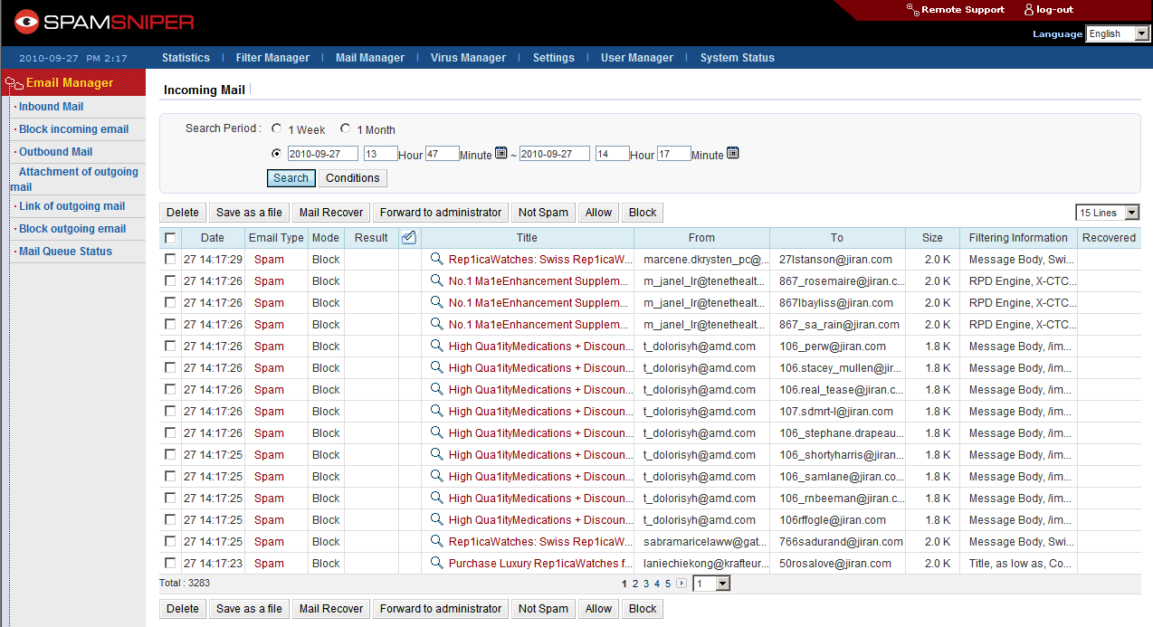 SpamSniper Features 3 Mail Manager Send filtered mail as spam to original receiver by [Mail Recover].