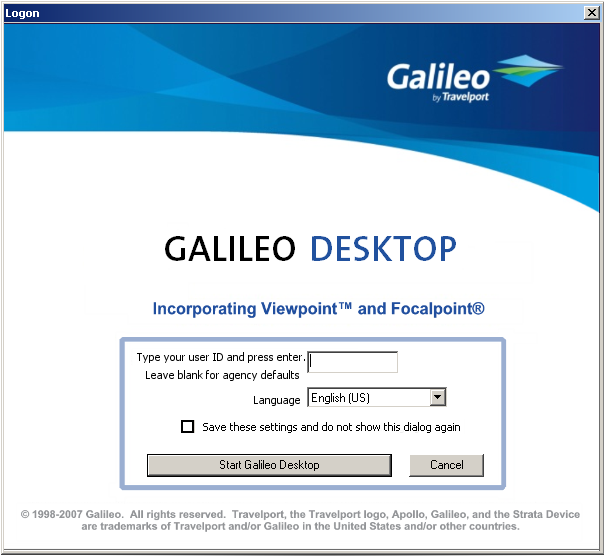 LOGON When Galileo desktop starts up, you are presented with the Logon box as shown below.