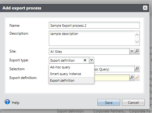 Add an Export Process Make your selections in the add ab export process frame. Save your selections. After you save, this window closes and your export will appear in the list on the export page.