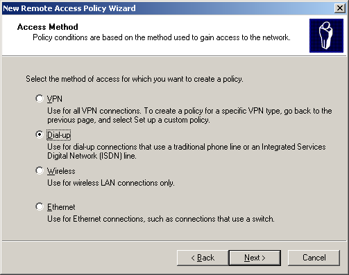 Microsoft Windows Server 2003 White Paper 3. On the Welcome to the New Remote Access Policy Wizard page, click Next. 4.
