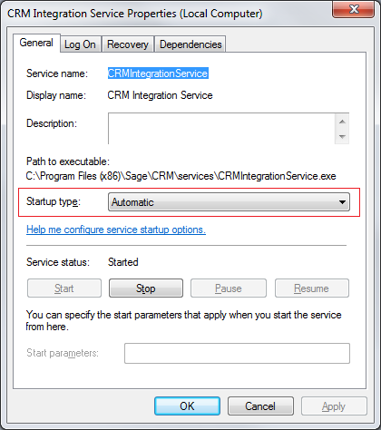 10 Install and set up Sage 200 CRM 4. Select CRM Integration Service from the list. The Properties window appears. 5. Make sure the Startup type is set to Automatic.
