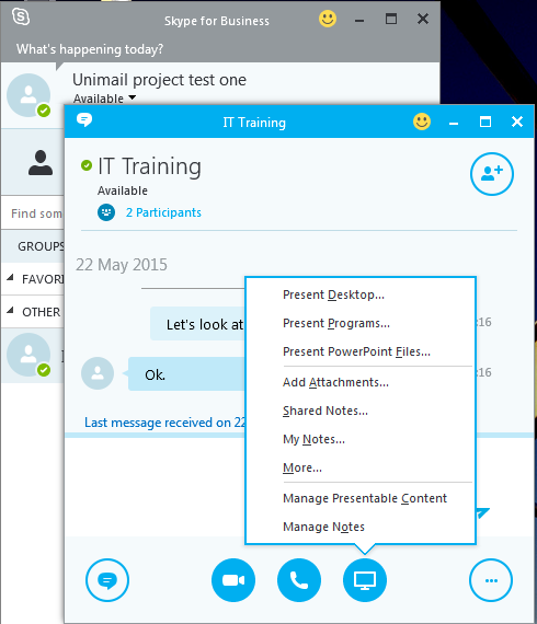 Starting an unscheduled meeting For spontaneous meetings, the Meet Now feature in Skype-fB allows you to hold impromptu meetings without the need to schedule in Outlook.