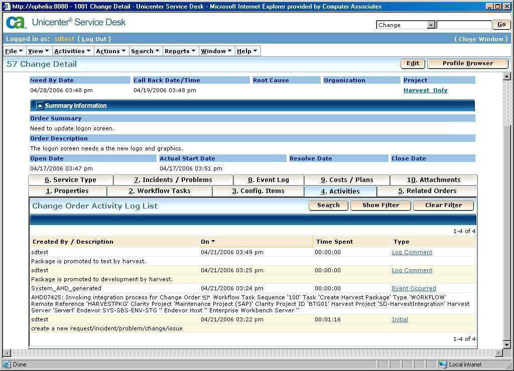 How Service Desk to Harvest User Tasks are Integrated Harvest package status is tracked in Service Desk and is logged to the originating change order Change Order Activity Log List.
