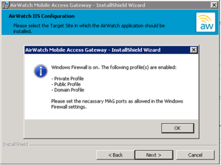 If Windows Firewall is turned on, you may receive the following dialog indicating that certain profiles are enabled.