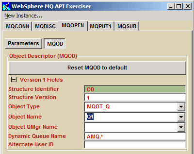 16.2.3. Object Descriptor (MQOD) Now click on the MQOD button to provide fields in the Object Descriptor structure.