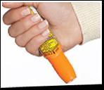 HOW TO USE EPIPEN? Hold firmly with ORANGE tip pointing downward. Remove BLUE safety cap by pulling straight up. Do not bend or twist.