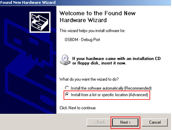 Loading Software Figure 12. Installing JM60 Driver (Step 4) 5. When the "Found New Hardware Wizard" screen appears, select "Install from a list or specific location (Advance)" and click "Next".