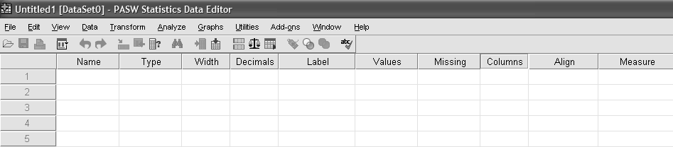 TABLE 1.9 SPSS DATA VIEW SCREEN The highlighted Data View tab at the bottom of the screen identifies the contents of the worksheet. Each column represents an individual variable.