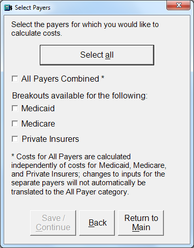 Selection of Payers Next, the user selects the set of payers for which they would like to calculate costs.