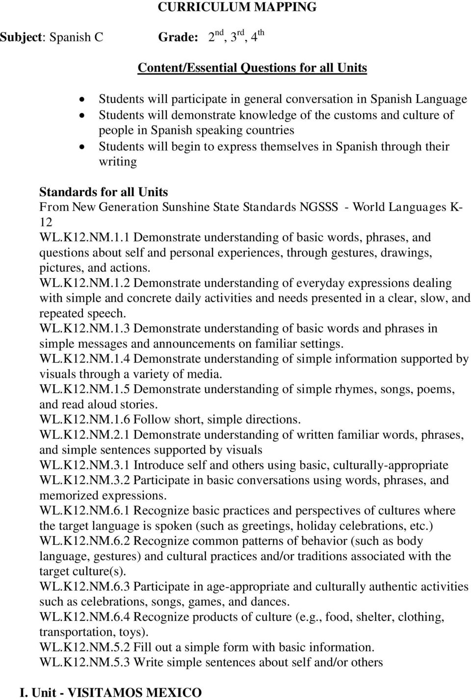 Sunshine State Standards NGSSS - World Languages K- 12