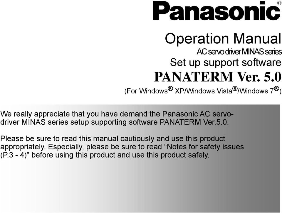 MINAS series setup supporting software PANATERM Ver.5.0.
