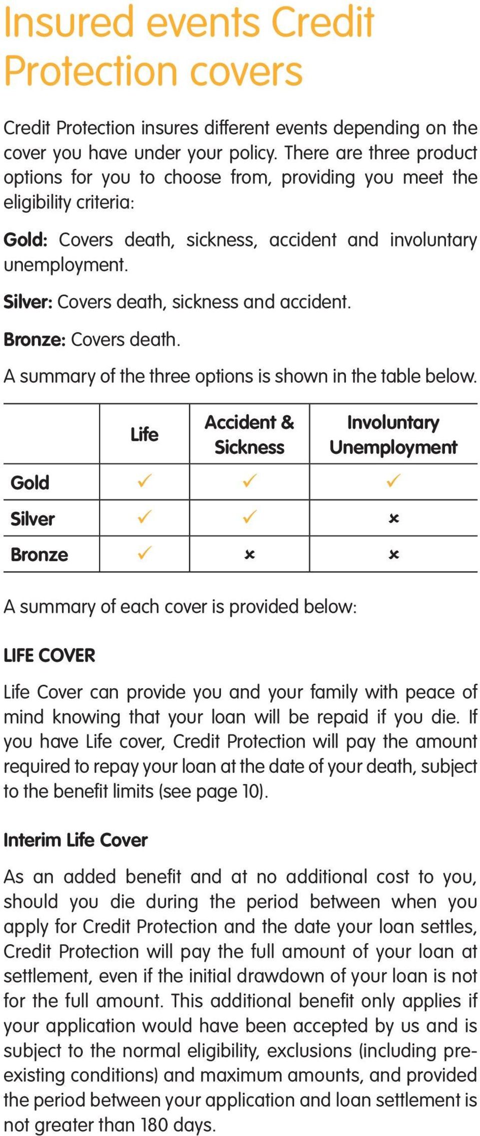 Silver: Covers death, sickness and accident. Bronze: Covers death. A summary of the three options is shown in the table below.