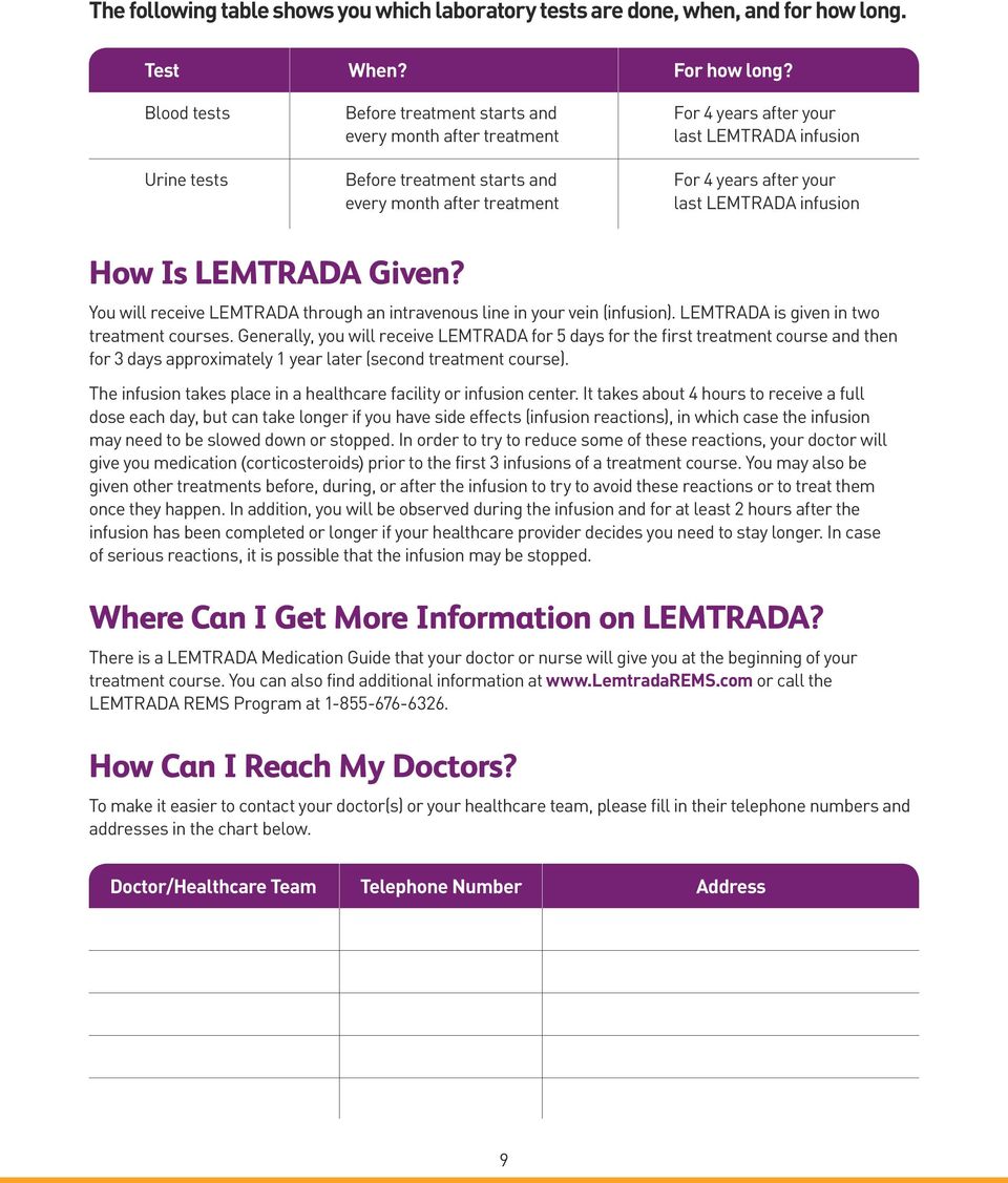 For 4 years after your last LEMTRADA infusion For 4 years after your last LEMTRADA infusion How Is LEMTRADA Given? You will receive LEMTRADA through an intravenous line in your vein (infusion).
