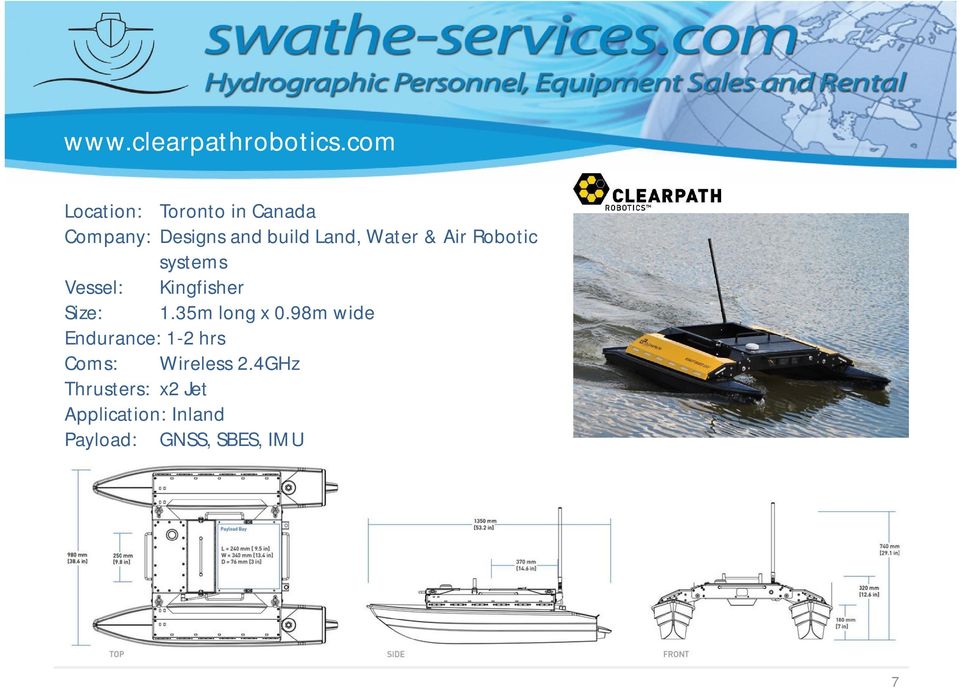 Water & Air Robotic systems Vessel: Kingfisher Size: 1.35m long x 0.
