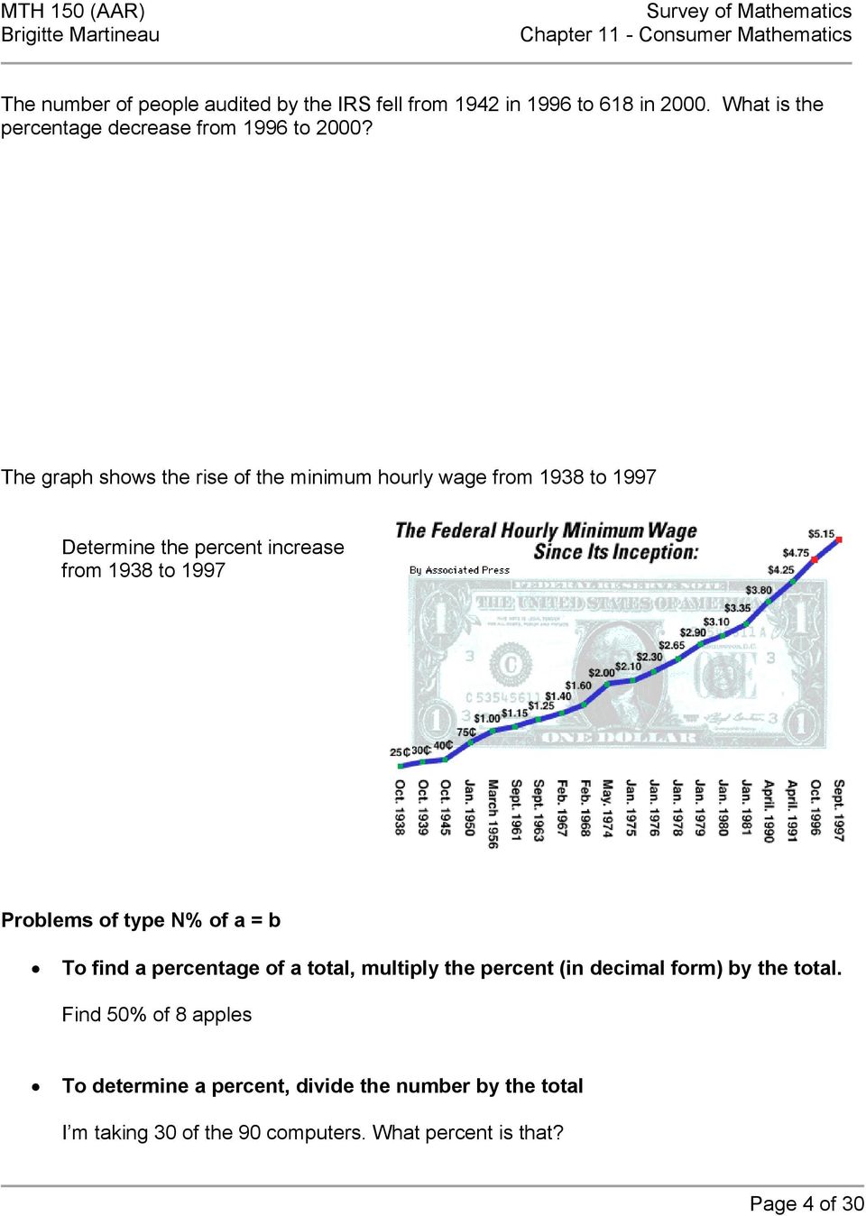 The graph shows the rise of the minimum hourly wage from 1938 to 1997 Determine the percent increase from 1938 to 1997 Problems