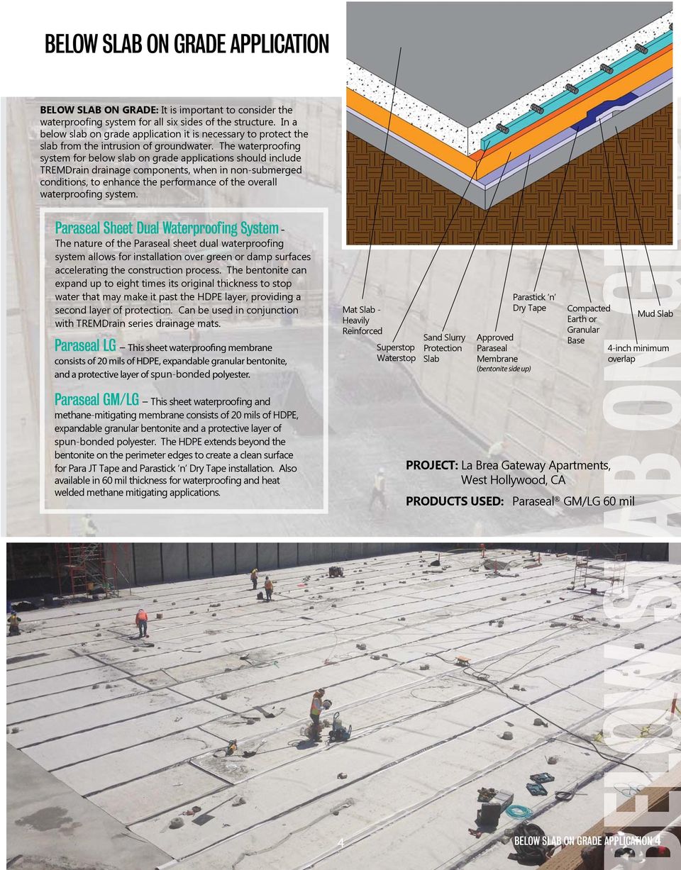 The waterproofing system for below slab on grade applications should include TREMDrain drainage components, when in non-submerged conditions, to enhance the performance of the overall waterproofing