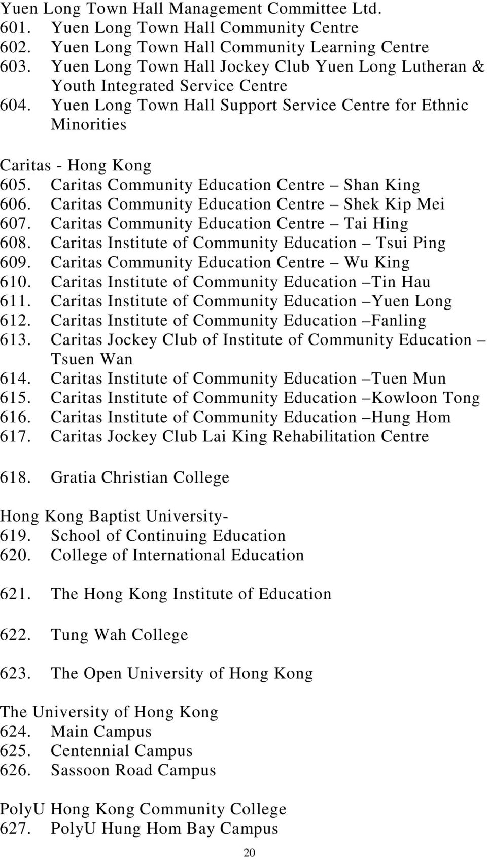 Caritas Community Education Centre Shan King 606. Caritas Community Education Centre Shek Kip Mei 607. Caritas Community Education Centre Tai Hing 608.