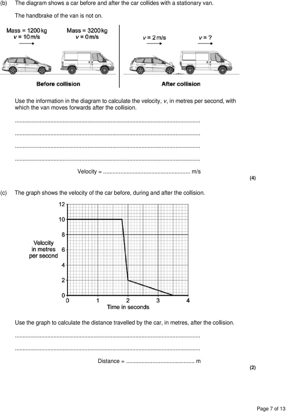 after the collision. Velocity =... m/s (4) (c) The graph shows the velocity of the car before, during and after the collision.