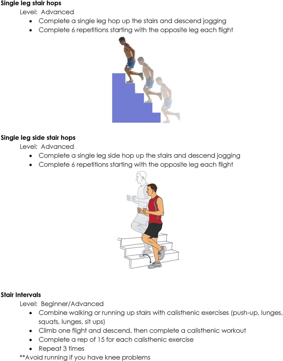 Intervals Level: Beginner/Advanced Combine walking or running up stairs with calisthenic exercises (push-up, lunges, squats, lunges, sit ups) Climb one