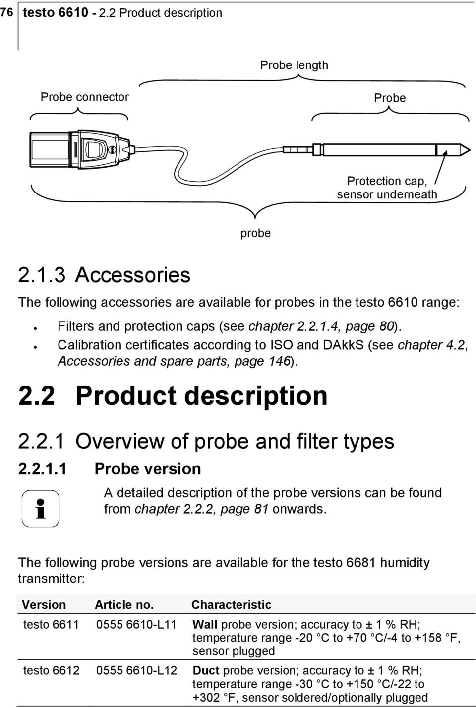 2.2, page 81 onwards. The following probe versions are available for the testo 6681 humidity transmitter: Version Article no.