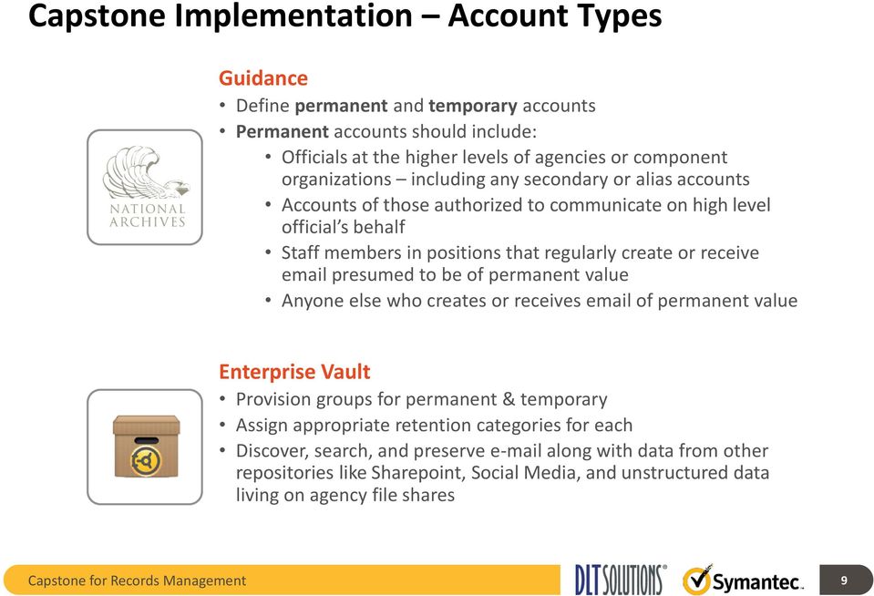 to be of permanent value Anyone else who creates or receives email of permanent value Enterprise Vault Provision groups for permanent & temporary Assign appropriate retention categories for