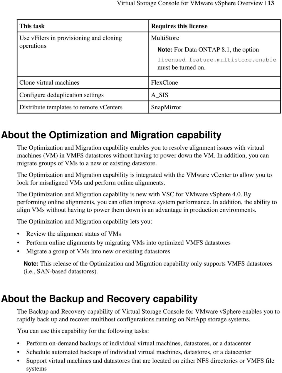 FlexClone A_SIS SnapMirror About the Optimization and Migration capability The Optimization and Migration capability enables you to resolve alignment issues with virtual machines (VM) in VMFS