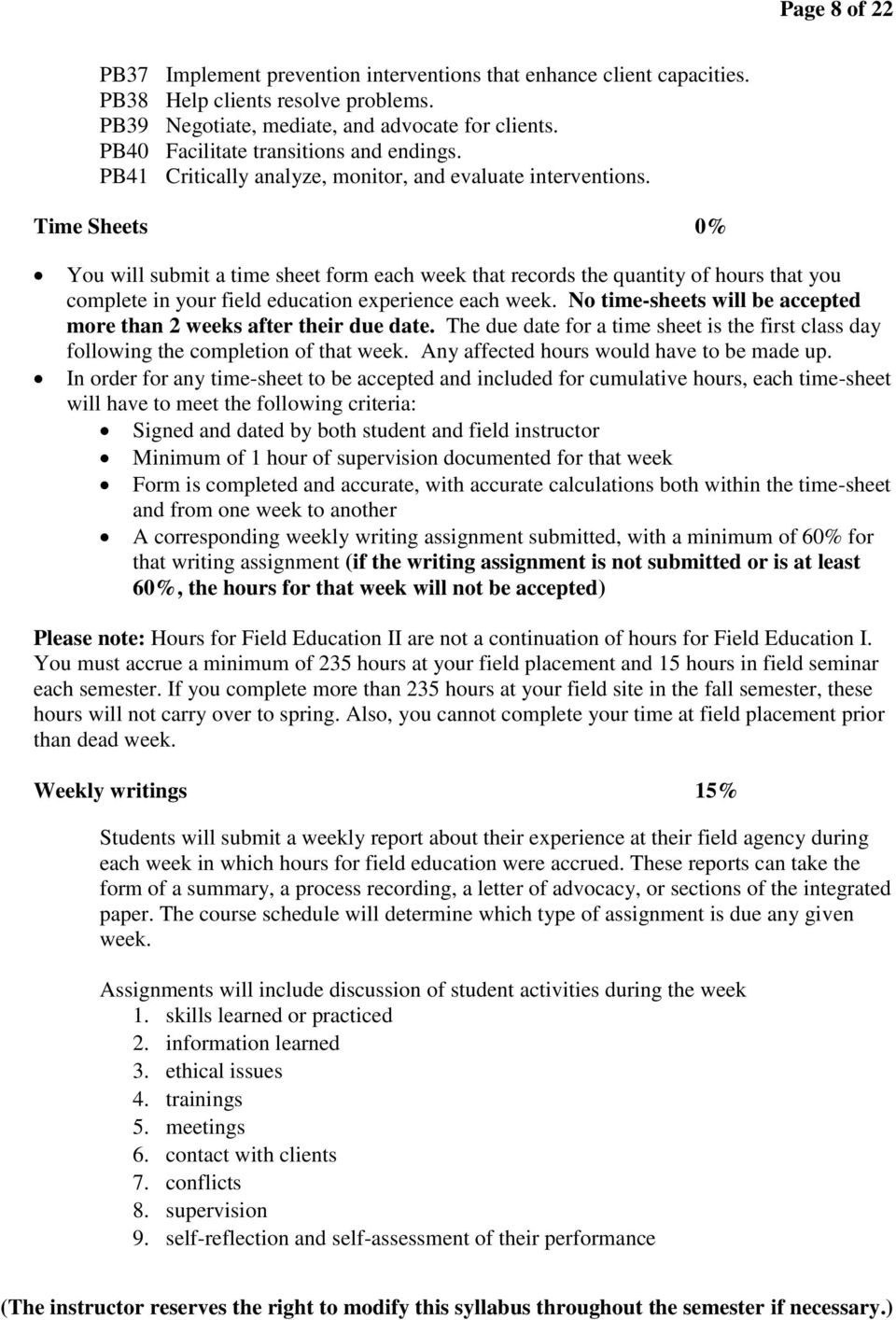 Time Sheets 0% You will submit a time sheet form each week that records the quantity of hours that you complete in your field education experience each week.