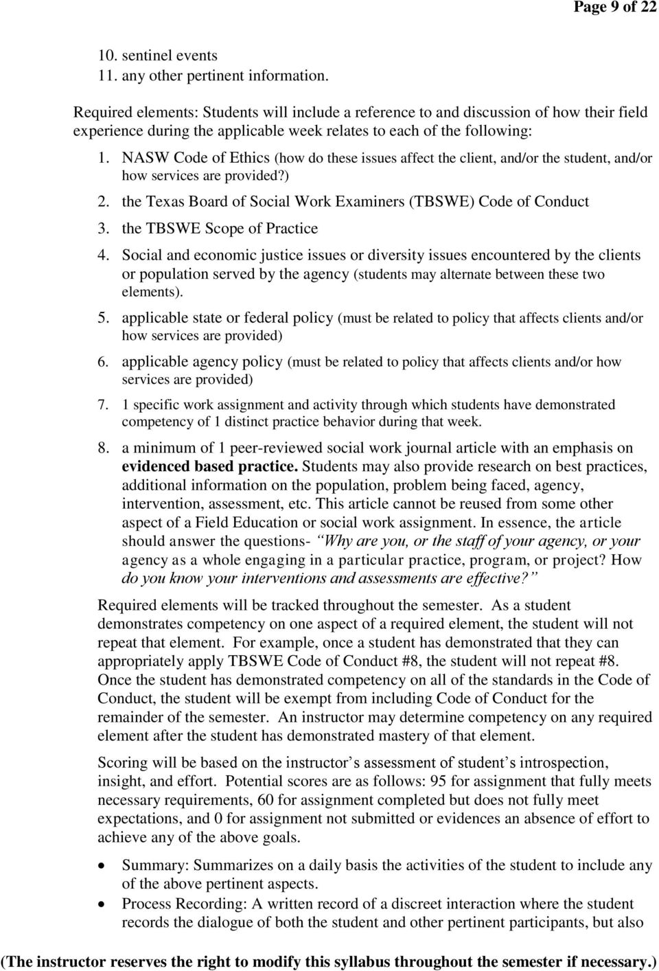 NASW Code of Ethics (how do these issues affect the client, and/or the student, and/or how services are provided?) 2. the Texas Board of Social Work Examiners (TBSWE) Code of Conduct 3.