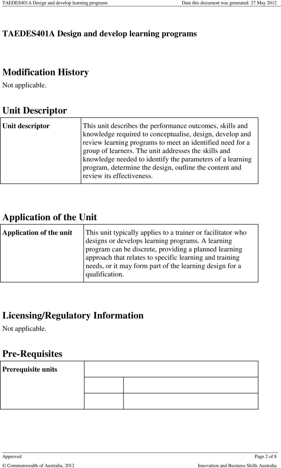for a group of learners. The unit addresses the skills and knowledge needed to identify the parameters of a learning program, determine the design, outline the content and review its effectiveness.