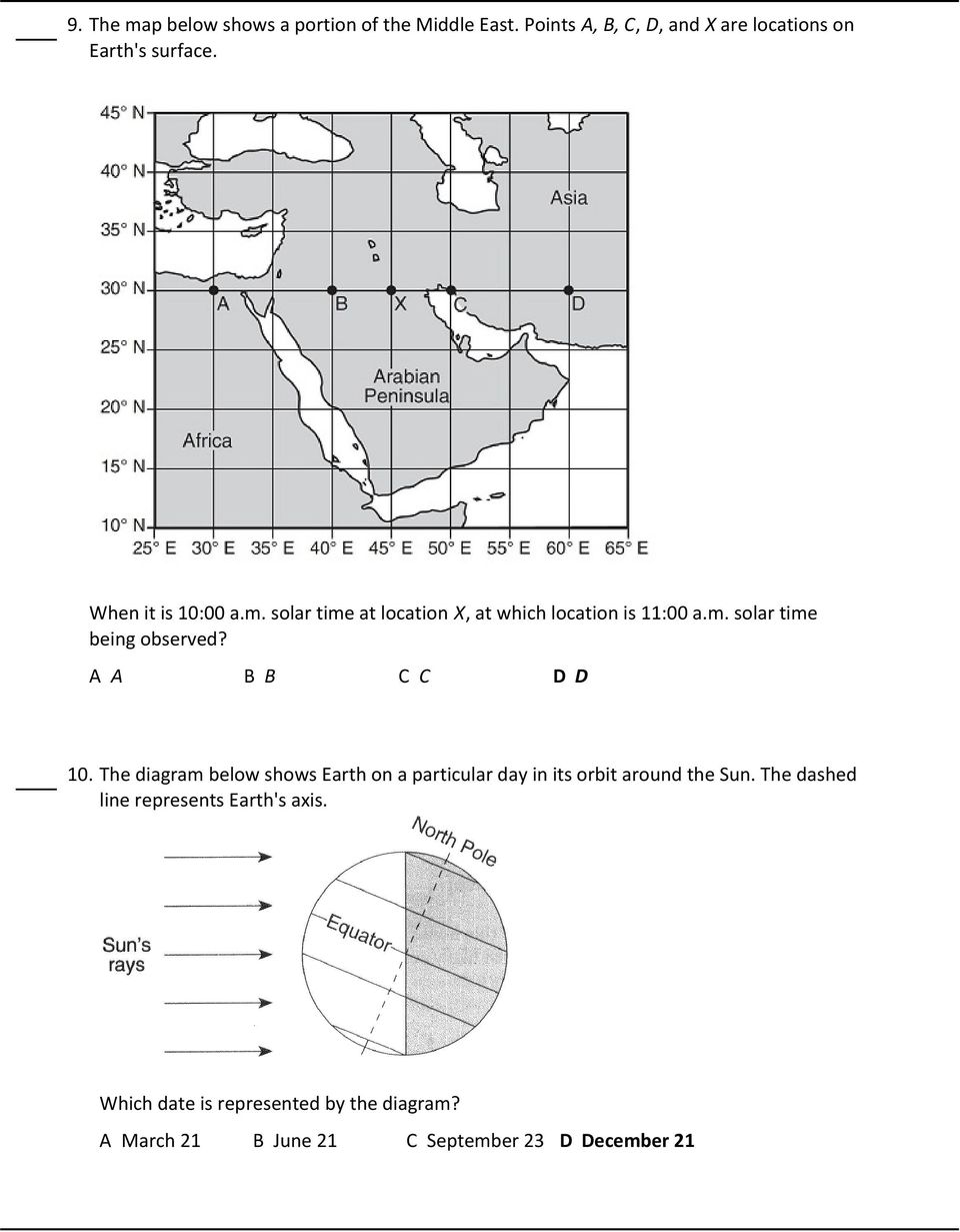 A A B B C C D D 10. The diagram below shows Earth on a particular day in its orbit around the Sun.