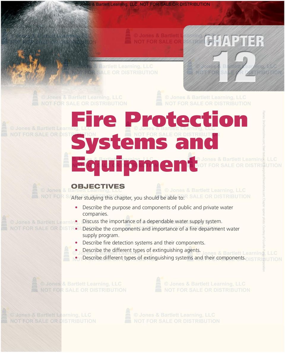 Describe the components and importance of a fire department water supply program. Describe fire detection systems and their components.