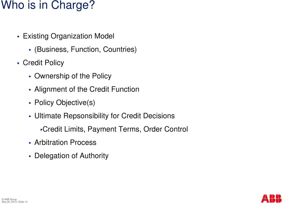 Ownership of the Policy Alignment of the Credit Function Policy Objective(s)